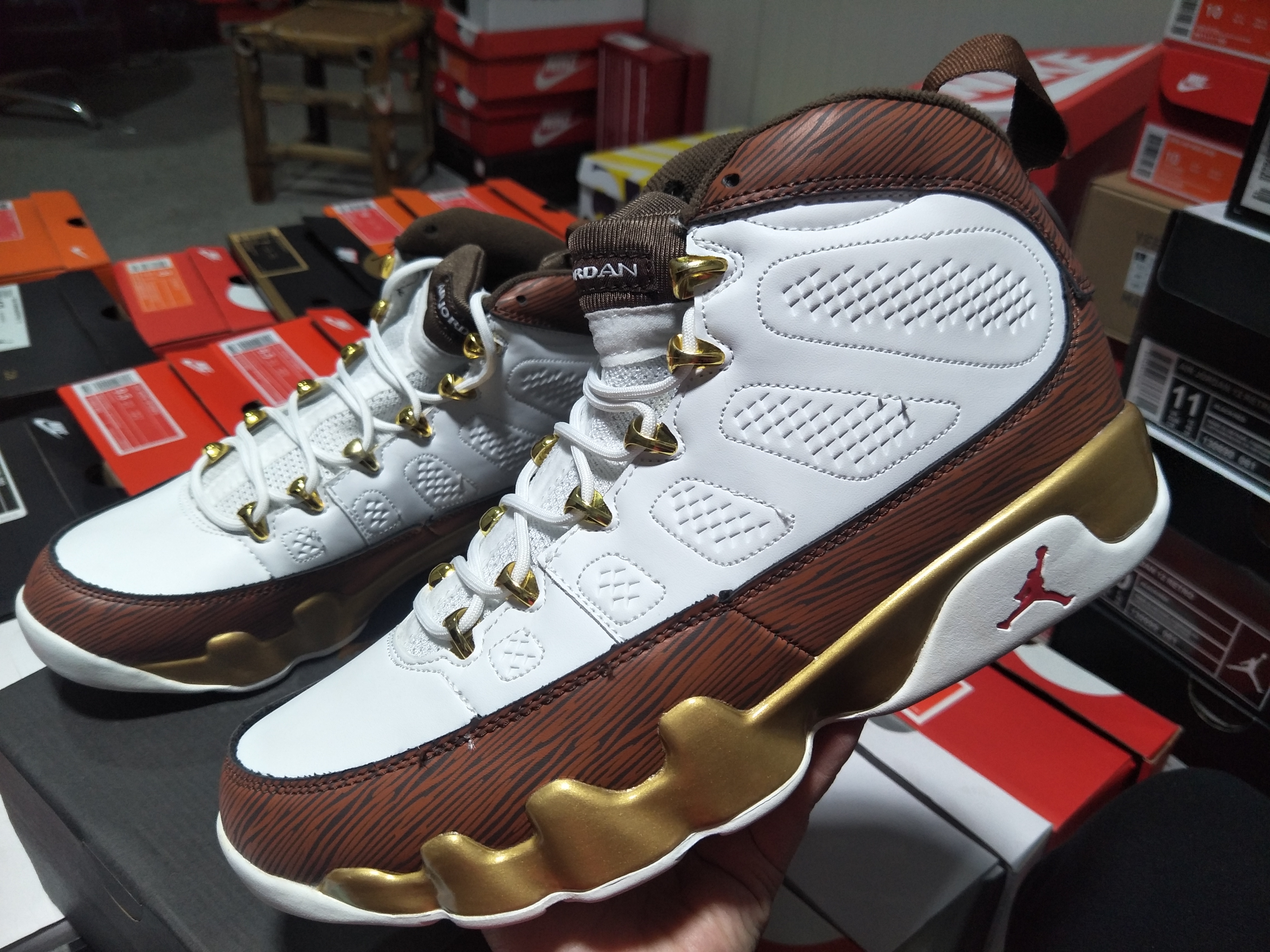 2019 Men Jordan 9 Retro White Brown Gold Shoes